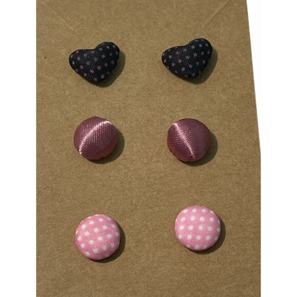Stud Button Earrings‎ Set Fabric Polka Dot Hearts Round Pink Black White - Picture 1 of 5